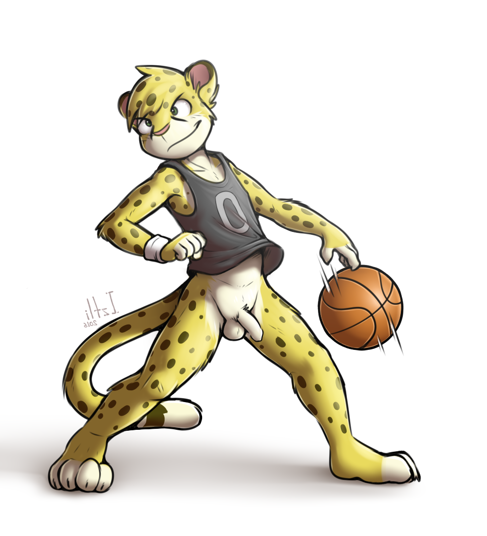 anthro balls basketball cheetah cute feline flaccid fur green_eyes iztli long_foreskin male mammal nude penis salmy solo uncut yellow_fur