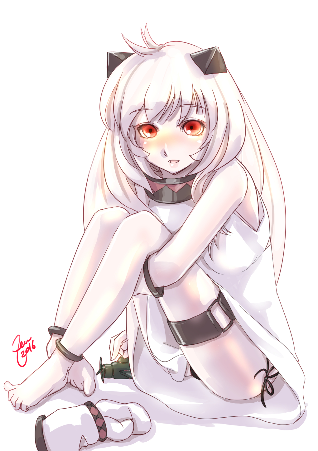 :d ahoge aircraft airplane bare_legs barefoot black_panties blush commentary_request dress full_body highres horns icedoll kantai_collection leg_hug long_hair looking_at_viewer mittens mittens_removed northern_ocean_hime open_mouth panties pantyshot pantyshot_(sitting) red_eyes shinkaisei-kan side-tie_panties simple_background sitting smile solo underwear white_background white_dress white_hair white_skin