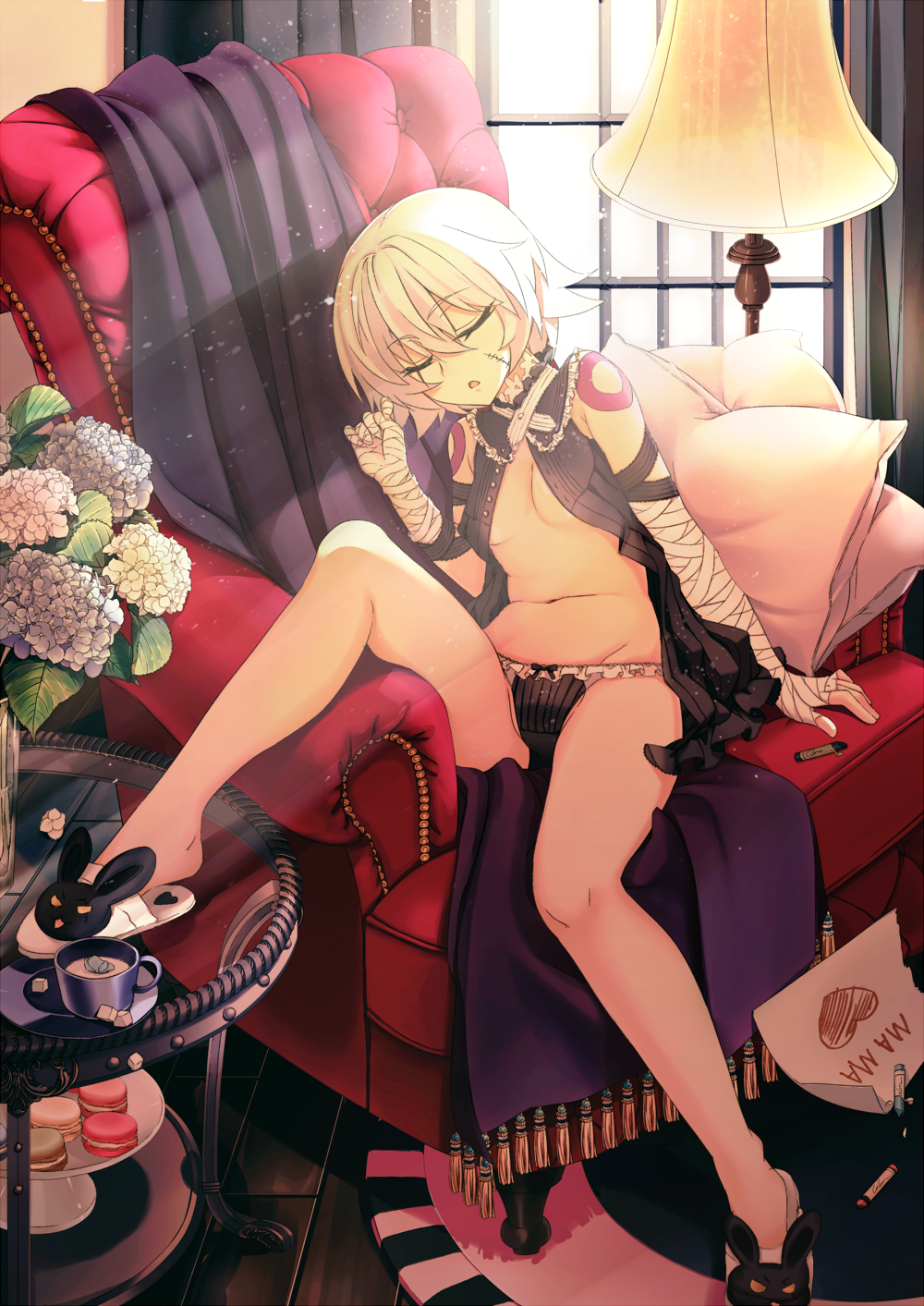 adapted_costume animal_print arm_at_side armchair bandaged_arm bandages bare_legs black_panties bodypaint bowl breasts bunny_print center_opening chair child_drawing closed_eyes crayon cup curtains deanna drink eyebrows eyebrows_visible_through_hair facial_scar fate/apocrypha fate_(series) floor flower food frilled_panties frills glass heart heart_print highres hydrangea indoors jack_the_ripper_(fate/apocrypha) knee_up light_particles macaron milk mug navel on_chair panties paper pillow plate rug running_bond saucer scar scar_on_cheek shade shoe_dangle short_hair silver_hair sitting sleeping sleeveless slippers small_breasts solo stomach studded_trim sugar_cube table tassel transparent underboob underwear vase wall white_hair window wooden_floor