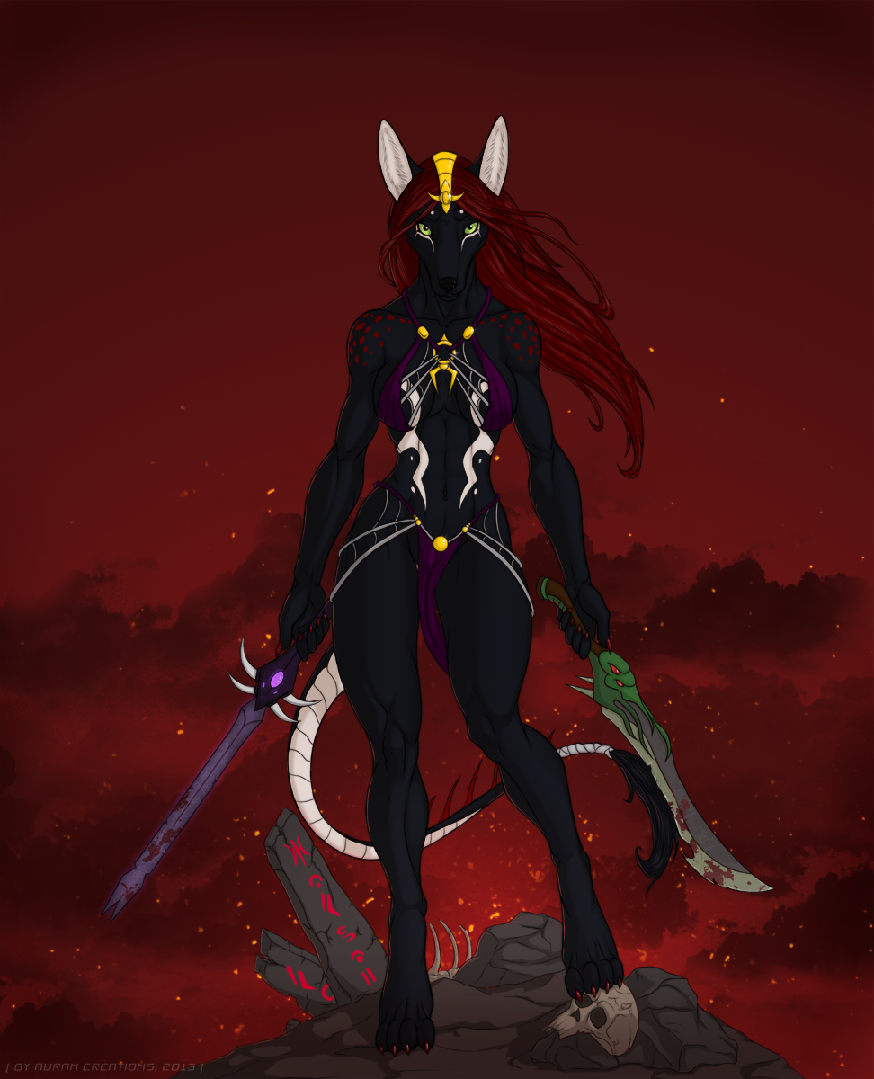 2013 4_toes 5_fingers abs anthro aurancreations black_fur breasts clothing digitigrade female fur hair holding_object holding_weapon hybrid looking_at_viewer mammal melee_weapon midriff navel outside red_hair red_sky sky solo sword toes weapon wide_hips