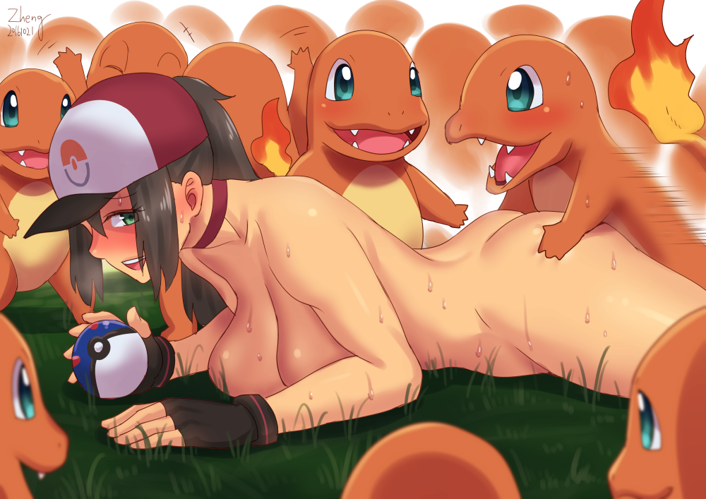 artist_name ass_grab baseball_cap bestiality blue_eyes blush boy_on_top breasts brown_hair charmander choker commentary_request creature dated female_protagonist_(pokemon_go) fingerless_gloves gen_1_pokemon gloves grabbing_another's_ass great_ball groping hat hetero large_breasts long_hair lying nude on_ground on_stomach open_mouth poke_ball pokemon pokemon_(creature) pokemon_go ponytail prone_bone sex size_difference sweat too_many zheng