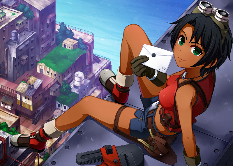 &gt;:) arm_support bangs bare_shoulders belt belt_pouch black_gloves black_hair breasts brown_footwear cityscape closed_mouth from_above gloves goggles goggles_on_head green_eyes holster jewelry looking_at_viewer looking_up mayta_(suisei_no_gargantia) necklace ocean parted_bangs pouch shoes short_hair shorts sitting small_breasts smile solo suisei_no_gargantia thigh_holster torigoe_takumi v-shaped_eyebrows wrench