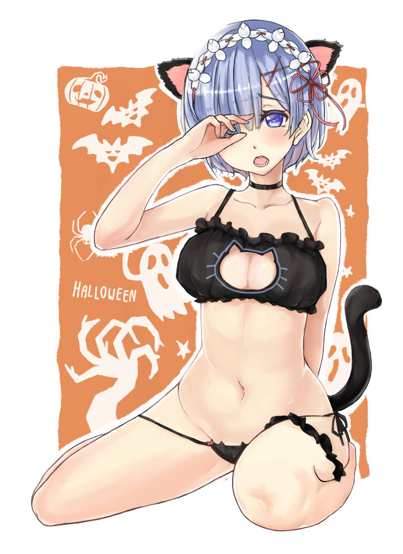 animal_ears animal_print black_bra black_panties blue_eyes blue_hair bra breasts cat_cutout cat_ear_panties cat_ears cat_lingerie cat_panties cat_print cat_tail choker cleavage cleavage_cutout hair_ornament hair_over_one_eye hair_ribbon halloween leg_garter medium_breasts meme_attire navel open_mouth orange_background panties patchouligo print_panties re:zero_kara_hajimeru_isekai_seikatsu red_ribbon rem_(re:zero) ribbon short_hair sitting solo tail underwear wariza x_hair_ornament