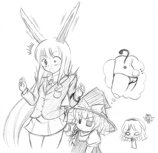 alice_margatroid animal_ears artist_request bunny_ears greyscale hat kirisame_marisa monochrome multiple_girls reisen_udongein_inaba sketch touhou witch_hat