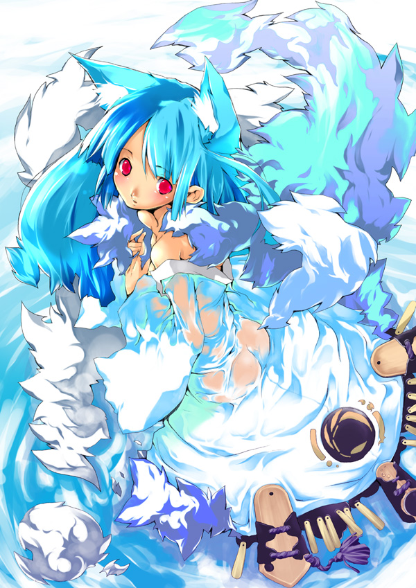 animal_ears bangs bare_shoulders blue blue_hair blush eyebrows_visible_through_hair flower fox_ears fox_tail looking_at_viewer looking_back original parted_lips red_eyes solo tail yoshiwo