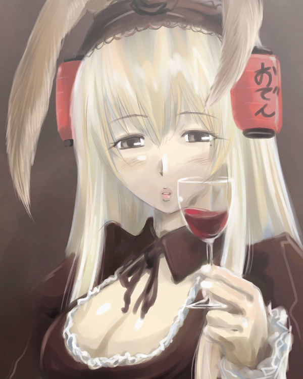 alcohol animal_ears breasts cleavage daiginjou futaba_channel large_breasts michael solo wine