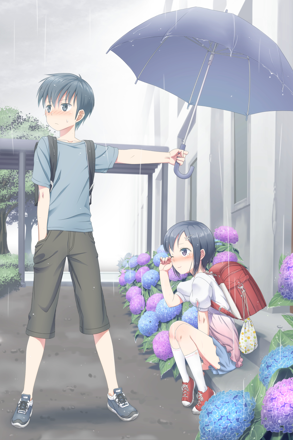 1girl :/ ;) backpack bag between_legs black_hair blue_eyes blue_shirt blue_skirt blush brown_shorts day flower frown giving hair_ornament hairclip hand_between_legs hand_in_pocket highres holding holding_umbrella hydrangea kneehighs legs_apart looking_at_another looking_away nose_blush one_eye_closed original outdoors outstretched_arm puffy_short_sleeves puffy_sleeves purple_eyes rain randoseru rubbing_eyes shirt shoes short_hair short_sleeves shorts sitting skirt smile sneakers standing tree uma_(uma1111) umbrella white_legwear