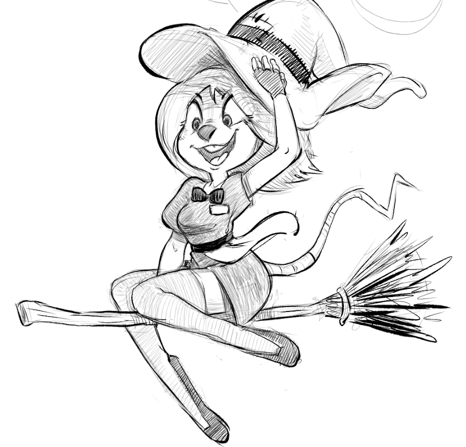 akunim anthro breasts broom clothing costume endtown female fingerless_gloves gloves greyscale halloween hat holidays holly_hollister mammal monochrome mouse rodent smile solo witch_hat