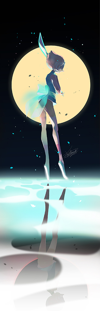 bare_arms brown_hair emase_(foxmoon) full_body full_moon glowing holding holding_weapon light_particles moon pale_skin pearl_(steven_universe) pink_legwear pointy_nose profile reflection sash shoes short_hair signature sleeveless socks solo standing standing_on_liquid steven_universe tiptoes water weapon white_footwear