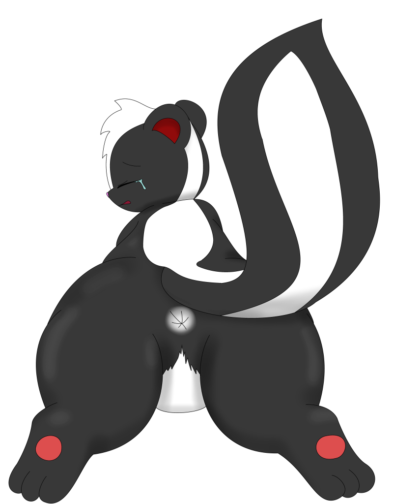 alpha_channel ambiguous_gender anus black_fur butt crying cub eyes_closed featureless_crotch feral fur lying mammal multicolored_fur nude on_front open_mouth pawpads rear_view simple_background skunk skurry source_request striped_tail stripes tears young