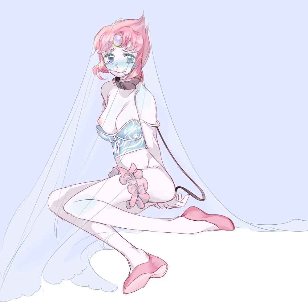 arms_behind_back blush bottomless breasts chuong crying forehead_jewel leash looking_at_viewer nipple_slip nipples one_breast_out pearl_(steven_universe) pink_hair see-through sitting slave small_breasts solo steven_universe strap_slip tearing_up thigh_strap