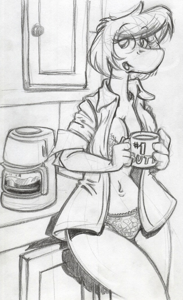 2015 anthro beverage big_breasts bra breasts butt cleavage clothed clothing coffee cup dancing endtown eyelashes female green_scales hair happy king-cheetah kirbee kitchen lizard messy_hair midriff monochrome morning navel open_shirt panties partially_clothed reptile scales scalie simple_background smile solo thick_thighs tired underwear voluptuous waking_up white_background