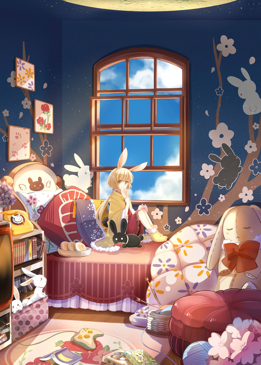 :3 animal_ears basket blonde_hair blue_sky book bookshelf bunny bunny_ears bunny_girl bunny_tail cloud controller day eating flower flower_(symbol) food game_controller highres knitting_needle light_particles needle open_book open_window original phone pillow ponytail ribbon sakura12140814 sitting sky solo stuffed_animal stuffed_bunny stuffed_toy sunlight tail television wallpaper_(object) window yarn yarn_ball yellow_eyes