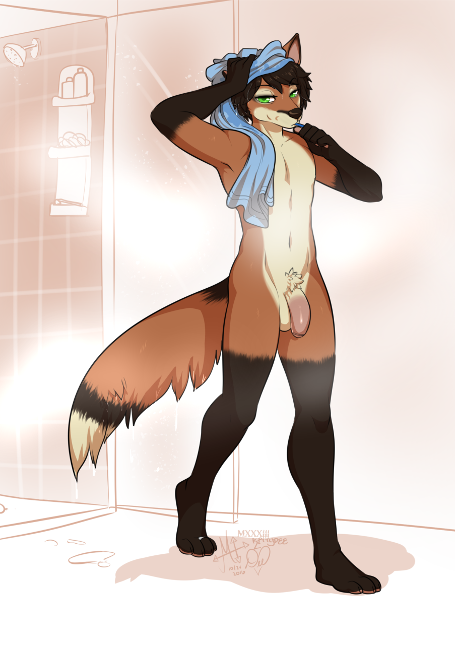 anthro balls canine flaccid fox humanoid_penis kittydee looking_at_viewer male mammal nude penis shower solo standing towel uncut