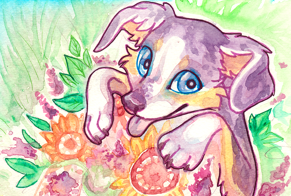 4_toes blue_eyes canine cheek_tuft detailed_background dog ear_tuft ears_down feral flower fur grass grey_fur leaves mammal plant sky smile solo three_toned_fur toes tongue tongue_out traditional_media_(artwork) tuft watercolor_(artwork) white_fur yellow_fur zenirix