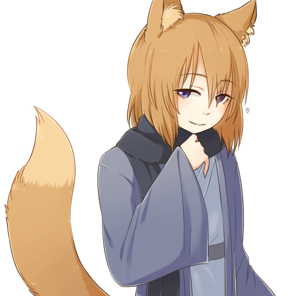 animal_ears bangs catmouth character_request fox_ears fox_tail japanese_clothes long_hair looking_at_viewer purple_eyes scarf simple_background smile solo tail white_background