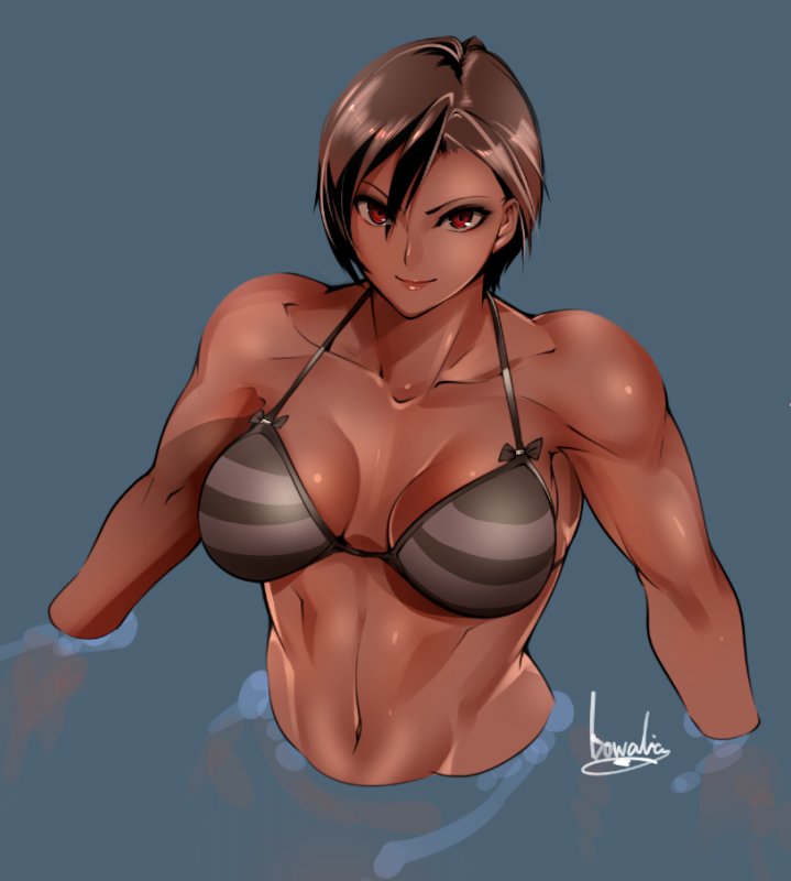 1girl black_hair bowalia breasts collarbone commentary_request eyeliner grey_bikini_top hair_between_eyes large_breasts makeup muscle muscular_female original partially_submerged red_eyes short_hair solo striped_bikini_top toned wading