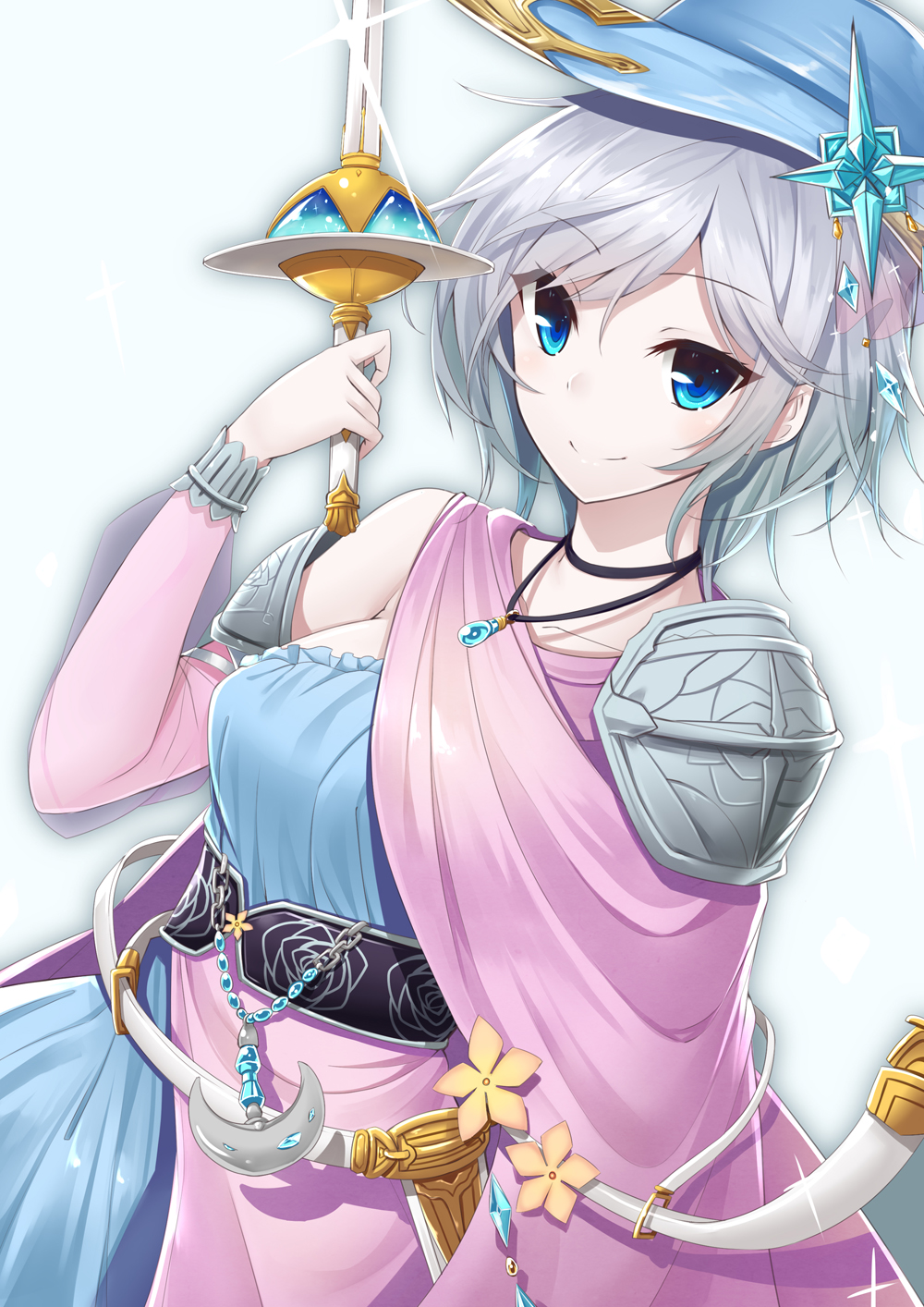 anastasia_(idolmaster) belt belt_buckle blue_eyes blue_hat bracelet breasts buckle capelet close-up closed_mouth collarbone commentary crescent eyebrows eyebrows_visible_through_hair gem gradient gradient_background granblue_fantasy hair_ornament hat highres holding holding_sword holding_weapon idolmaster idolmaster_cinderella_girls jewelry looking_at_viewer medium_breasts necklace pendant sapphire_(stone) see-through shawl short_hair shoulder_pads silver_hair smile solo sword tanakahazime tsurime unsheathed upper_body weapon