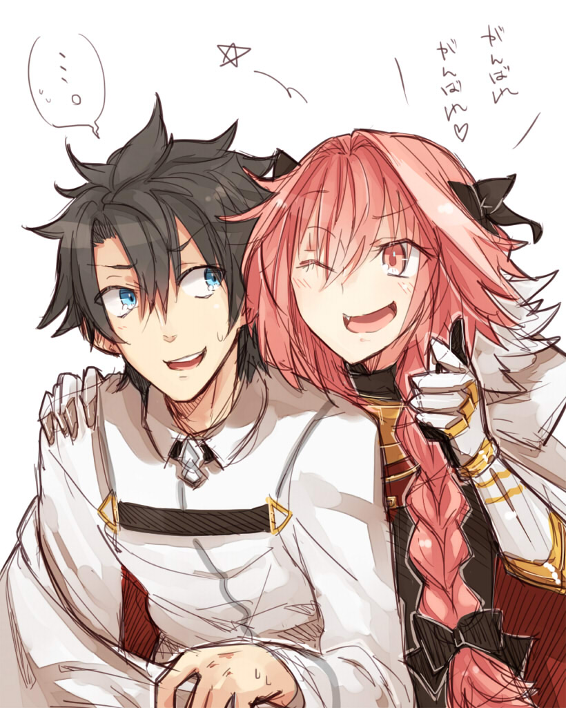 astolfo_(fate) black_hair blue_eyes fate/apocrypha fate/grand_order fate_(series) fujimaru_ritsuka_(male) grin hand_on_another's_shoulder hollomaru long_hair male_focus multiple_boys pink_eyes pink_hair ponytail smile sweatdrop thumbs_up