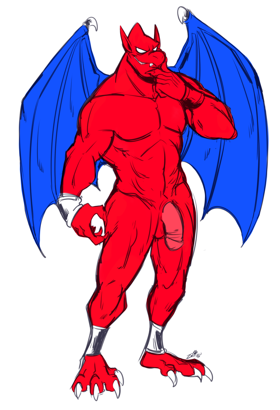 anthro balls demon demon's_crest fangs firebrand gargoyle humanoid humanoid_penis male mammal nude pecs penis red_arremer red_balls red_skin simple_background smile solo teeth tongue uknown_artist video_games wings