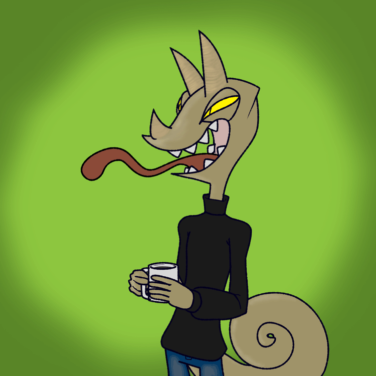 animated anthro beverage chameleon clothed clothing coffee lizard male open_mouth parasin reptile scalie sharp_teeth smile solo teeth tongue tongue_out