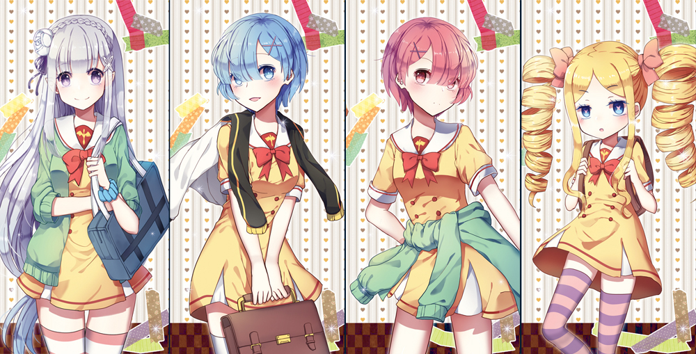 :d :o alternate_costume backpack bag bangs beatrice_(re:zero) blonde_hair blue_eyes blue_hair blue_scrunchie blunt_bangs blush bow braid breasts cardigan closed_mouth clothes_around_waist contemporary cowboy_shot crown_braid dress drill_hair emilia_(re:zero) eyebrows eyebrows_visible_through_hair flat_chest flower hair_bow hair_flower hair_ornament hair_over_one_eye hair_ribbon hand_on_hip heart heart-shaped_pupils holding holding_bag horizontal_stripes jacket jacket_on_shoulders lineup long_hair looking_at_viewer medium_breasts multiple_girls open_clothes open_mouth pink_eyes pink_hair purple_eyes purple_ribbon ram_(re:zero) re:zero_kara_hajimeru_isekai_seikatsu red_bow rem_(re:zero) ribbon school_bag school_briefcase school_uniform scrunchie short_hair shoulder_bag siblings silver_hair sisters smile standing striped striped_legwear sweater_around_waist symbol-shaped_pupils thighhighs tora_(tora_factory) track_jacket twins uniform v_arms very_long_hair white_legwear wrist_scrunchie x_hair_ornament yellow_dress zettai_ryouiki