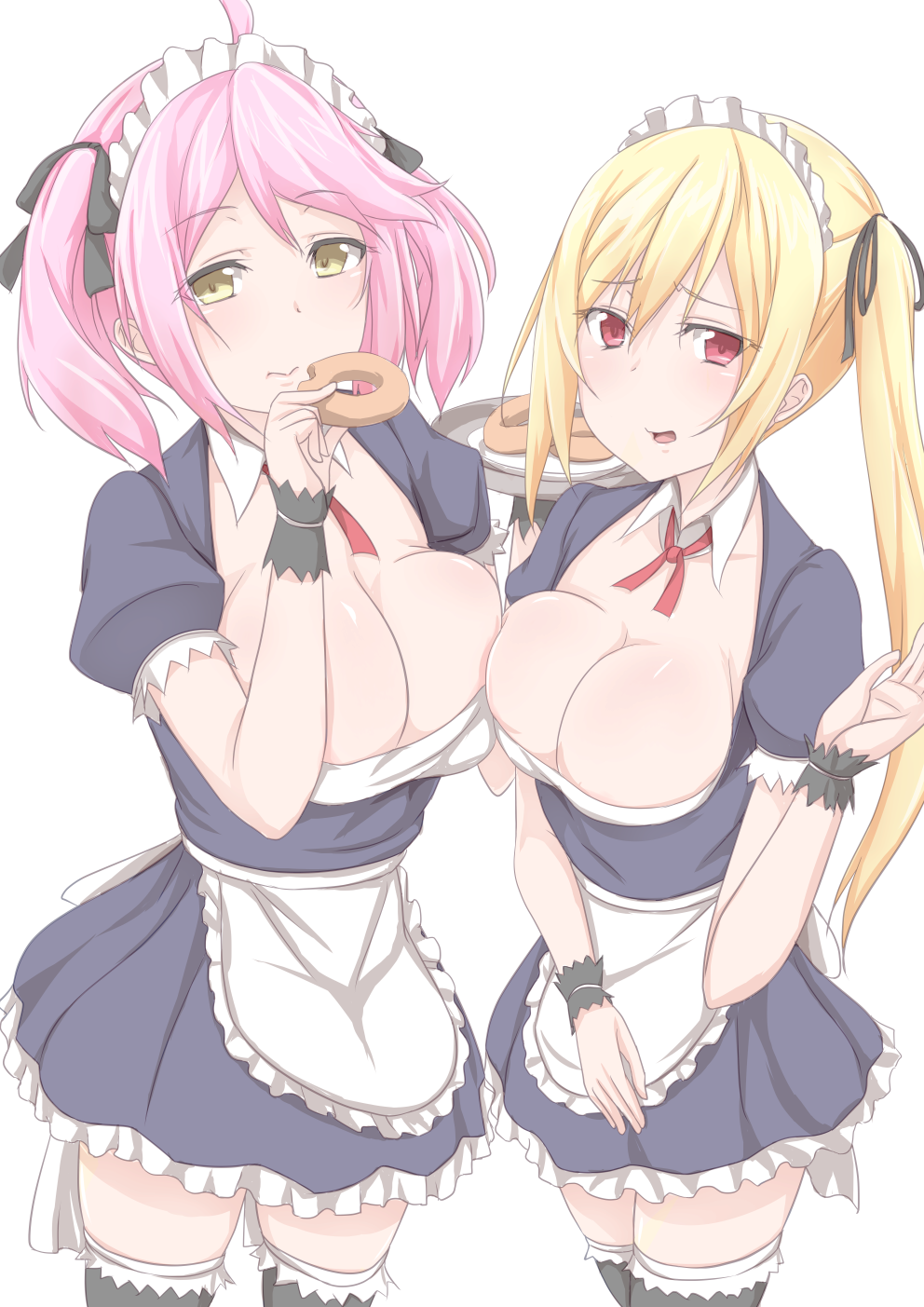 2girls ahoge asymmetrical_hair black_legwear black_thighhighs blonde_hair blush breasts clavicle cleavage doughnut dress eating female_only food hair_ornament hair_ribbon headdress high_resolution highres holding_food holding_object large_breasts lizsharte_atismata long_hair looking_at_viewer maid maid_headdress multiple_girls nncoffee nobcoffee open_mouth philuffy_aingram pink_hair ponytail red_eyes ribbon saijaku_muhai_no_bahamut short_dress short_hair short_sleeves side_ponytail simple_background standing thighhighs tied_hair twintails white_background yellow_eyes