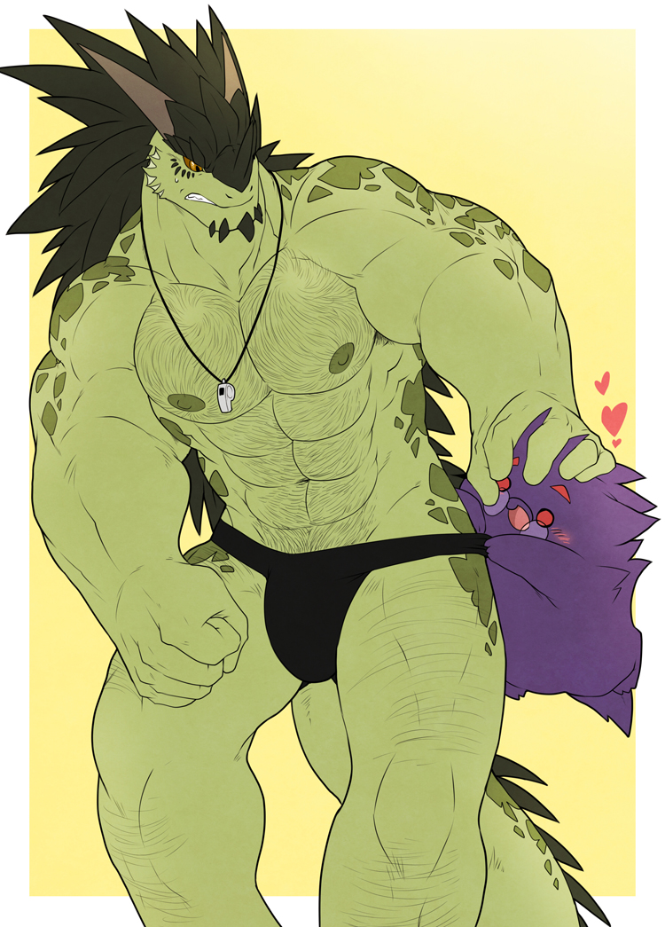 &lt;3 annoyed anthro black_hair blush body_hair clothing dragon fist gengar green_body hair hairy kokuhane male mr_stanley muscular muscular_male nintendo pok&eacute;mon pubes pushing_away scalie simple_background underwear video_games