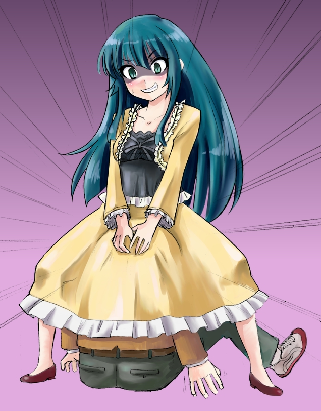 aqua_hair crossdressing green_eyes grin hayama_tatsukichi long_hair male_focus mm! multiple_boys otoko_no_ko shaded_face shihori_hime skirt smile sweatdrop under_skirt yunaka_(259808)