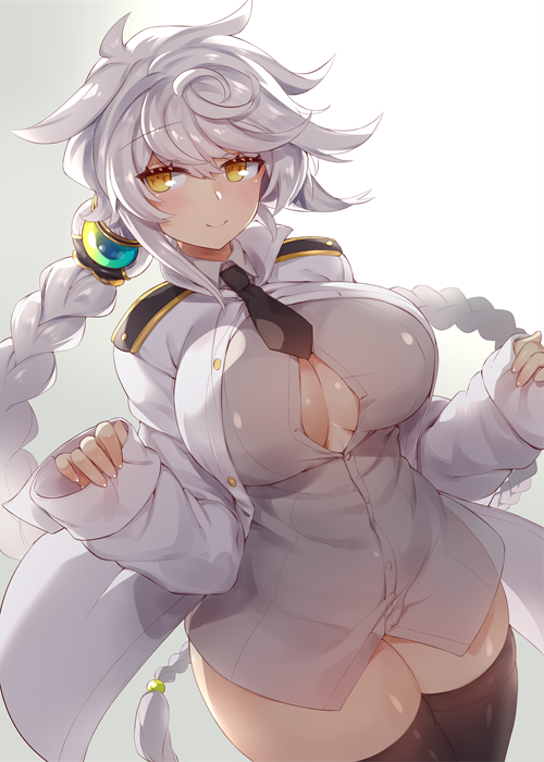 1girl admiral_(kantai_collection) admiral_(kantai_collection)_(cosplay) alternate_costume black_neckwear blouse blush braid breasts bursting_breasts commentary_request cosplay cowboy_shot eyebrows_visible_through_hair grey_blouse hair_ornament kantai_collection large_breasts long_braid long_hair looking_at_viewer military military_uniform necktie shiny shiny_skin simple_background single_braid sleeves_past_wrists smile solo thighhighs thighs uniform unryuu_(kantai_collection) very_long_hair white_background yamaarashi yellow_eyes