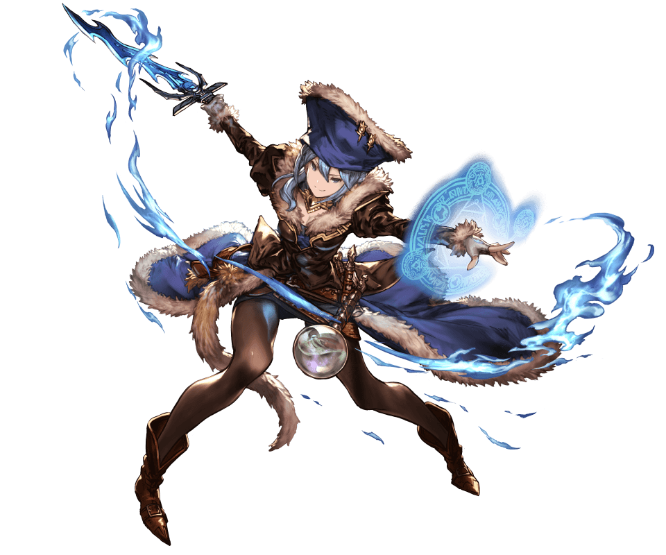 blue_eyes blue_hair boots collar fingerless_gloves full_body fur_trim gloves granblue_fantasy hat holding holding_weapon jewelry juliet_sleeves long_coat long_sleeves looking_at_viewer minaba_hideo miniskirt official_art pantyhose puffy_sleeves skirt smile solo sword therese_(granblue_fantasy) transparent_background weapon