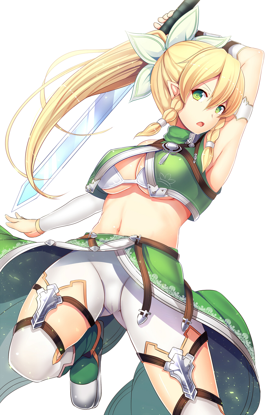 arm_up armpits ass_visible_through_thighs bare_shoulders bike_shorts blonde_hair boots bra breasts cleavage commentary_request crop_top daiaru detached_sleeves elf green_eyes hair_ornament hair_tubes highres holding holding_sword holding_weapon knee_boots leafa long_hair medium_breasts midriff navel open_mouth overskirt pointy_ears ponytail sidelocks solo stomach sword sword_art_online underboob underwear weapon white_background white_bra