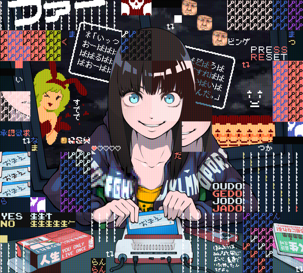 animal_ears blue_eyes box brown_hair bunny_ears clothes_writing coin collarbone commentary_request copyright_request damaged english evil_smile fake_animal_ears famicom game_cartridge game_console glitch green_hair heart hood hoodie key lipstick long_hair long_sleeves looking_at_viewer makeup nintendo one_eye_closed original parted_lips red_lipstick scanlines skull smile yajirushi_(chanoma)