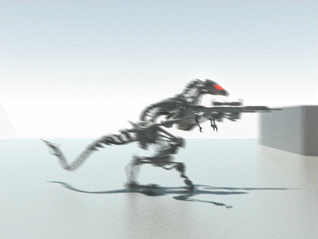 ambiguous_gender animated dinosaur exoskeleton feral gun kredri machine nude ranged_weapon raptor rifle robot sniper_rifle solo standing theropod weapon