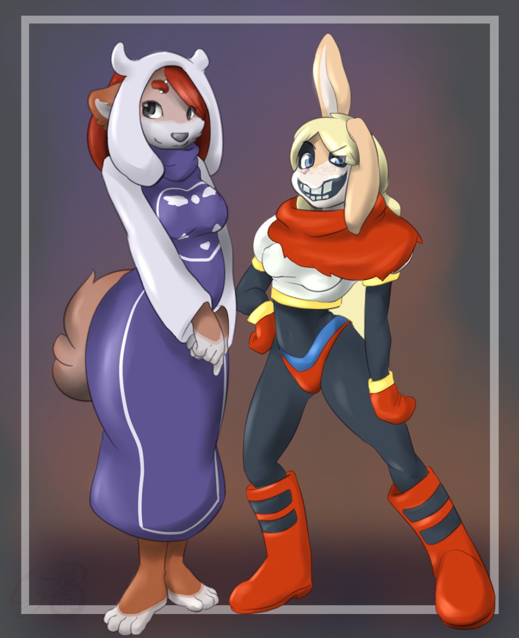 2016 anthro blonde_hair blue_eyes boots breasts brown_fur cainethelongshot canine chow cindy cinny clothed clothing collar costume dog duo eyebrow_piercing facial_piercing female female/female fluffy fluffy_tail footwear friends fur gloves hair halloween holidays lagomorph legwear long_hair looking_at_viewer lop lop_eared mammal markings papyrus piercing pomme puffy rabbit scarf simple_background slightly_chubby smile standing stockings toes toreil video_games