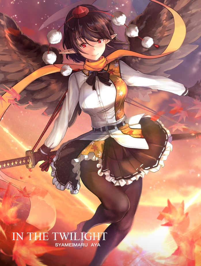 autumn_leaves belt black_hair black_legwear black_ribbon black_skirt black_wings blush breasts buttons collared_shirt commentary_request feathered_wings feathers frilled_skirt frills geta gloves hat headwear katana kunreishiki large_breasts leaf long_sleeves maple_leaf miniskirt orange_scarf outdoors pantyhose patterned_clothing pointy_ears pom_pom_(clothes) red_eyes ribbon romaji scabbard scarf shameimaru_aya sheath shirt short_hair skirt sky smile solo star_(sky) starry_sky sword tengu-geta tokin_hat touhou typo untsue weapon white_shirt wings