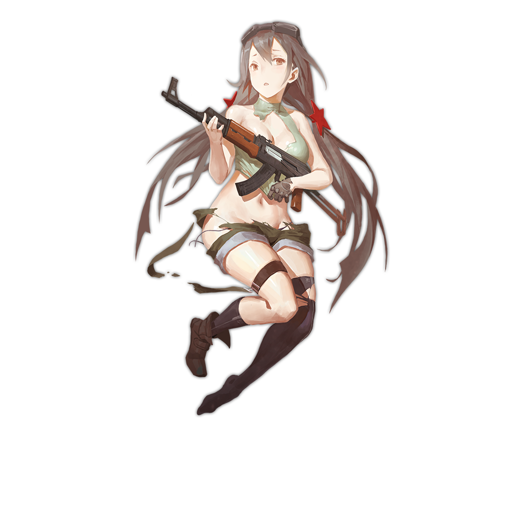 bare_shoulders black_gloves black_legwear breasts cancer_(zjcconan) full_body girls_frontline gloves gun hair_ornament holding holding_gun holding_weapon medium_breasts navel panties shirt shoes shorts single_glove single_shoe single_thighhigh solo star star_hair_ornament thighhighs torn_clothes torn_legwear torn_shirt torn_shorts transparent_background twintails type_56_assault_rifle_(girls_frontline) underwear weapon