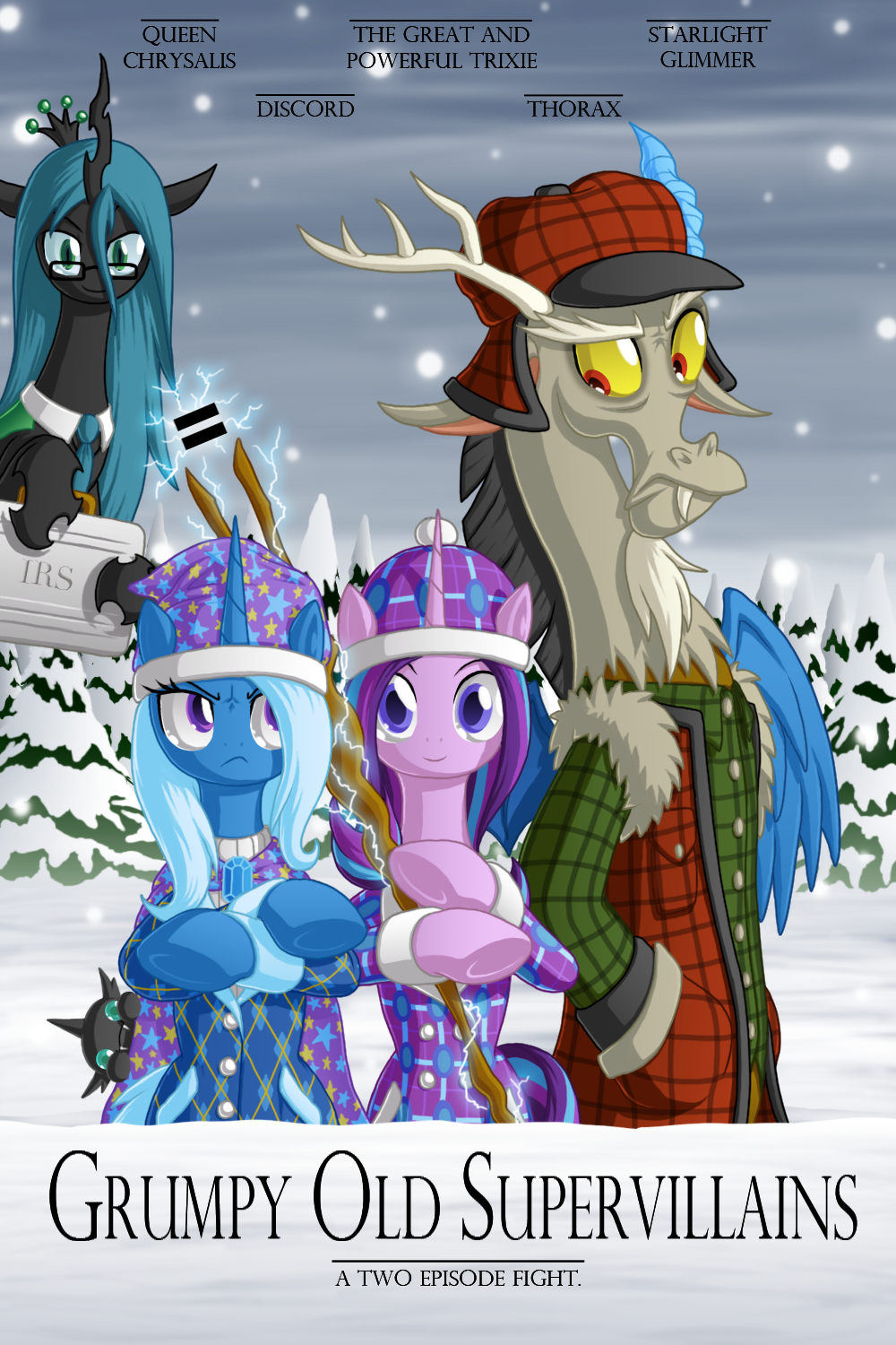 2016 berrypawnch changeling clothing discord_(mlp) fangs female friendship_is_magic group hat male my_little_pony parody queen_chrysalis_(mlp) snow snowing starlight_glimmer_(mlp) trixie_(mlp)