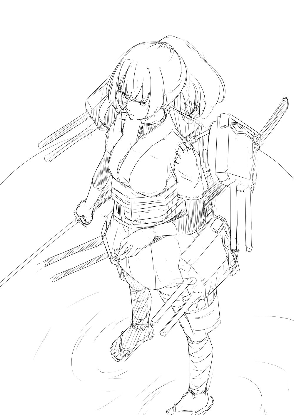 ankle_wrap from_above frown greyscale hakama highres ise_(kantai_collection) japanese_clothes kantai_collection leg_wrap long_hair monochrome niwatazumi ponytail rigging sandals shirt sketch solo standing standing_on_liquid tight_shirt turret undershirt white_background
