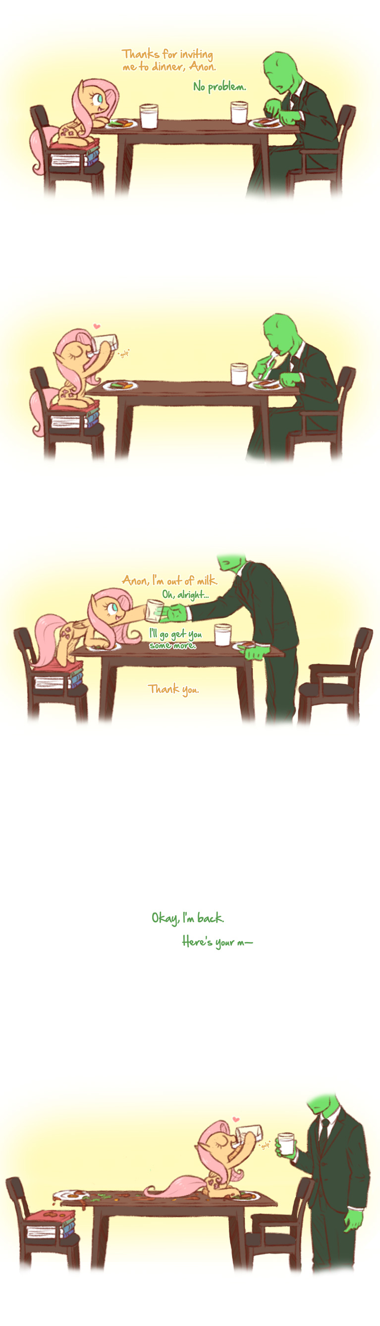 &lt;3 2016 anon chair clothed clothing comic cutie_mark dialogue dinner drinking duo english_text equine female feral fluttershy_(mlp) food friendship_is_magic glass green_skin hair human male mammal my_little_pony pegasus pink_hair raridashdoodles sitting size_difference suit table text wings