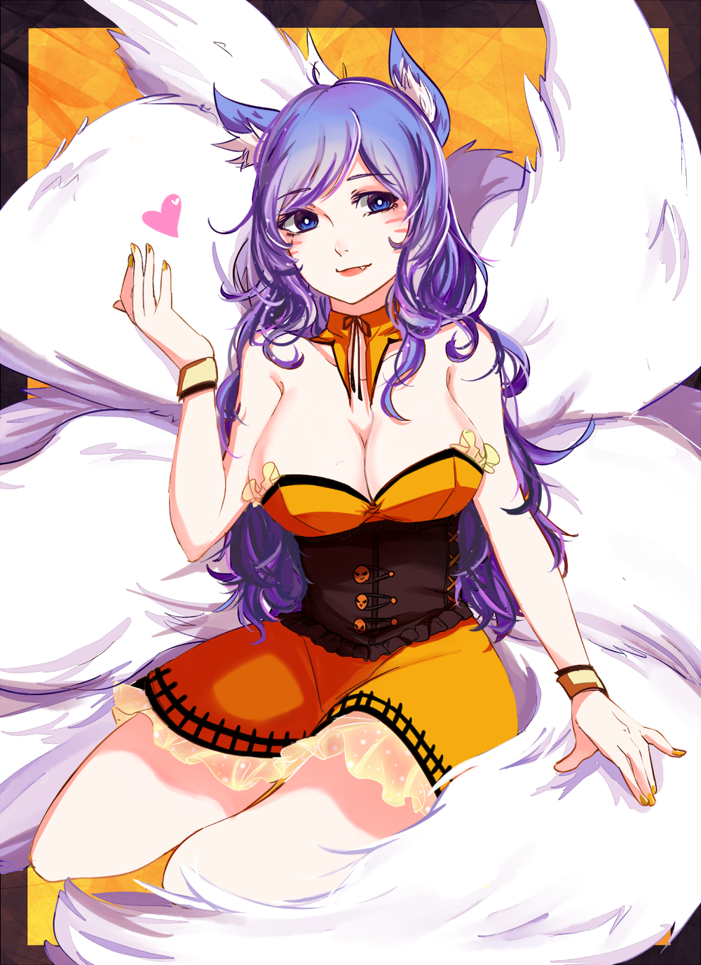 ahri alternate_costume animal_ears bare_shoulders black_hair breasts cleavage collarbone facial_mark fang fox_ears fox_tail halloween halloween_costume heart highres large_breasts league_of_legends lips long_hair multiple_tails slit_pupils solo tail whisker_markings xiao_jian yellow_eyes