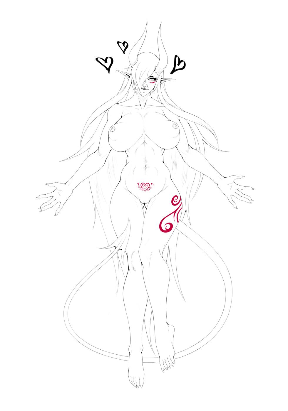 &lt;3 2019 big_breasts breasts demon female hair horn humanoid ingrid_(urw) line_art long_hair monochrome nipples not_furry nude pointy_ears puffy_nipples pussy simple_background solo spade_tail tattoo urw white_background womb_tattoo
