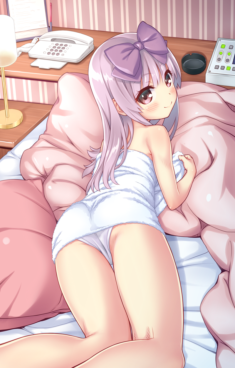 3.1-tan aoi_kumiko ass bare_legs bare_shoulders bed bed_sheet blush bow commentary_request from_above hair_bow highres hotel_room indoors long_hair looking_at_viewer looking_back looking_up love_hotel lying on_bed on_stomach os-tan panties pillow purple_eyes purple_hair ribbon smile solo towel underwear white_panties