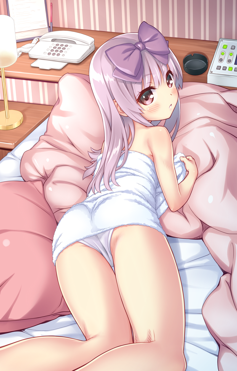 3.1-tan aoi_kumiko ass bare_legs bare_shoulders bed bed_sheet blush bow from_above hair_bow highres hotel_room indoors long_hair looking_at_viewer looking_back looking_up love_hotel lying on_bed on_stomach open_mouth os-tan panties pillow purple_eyes purple_hair ribbon solo towel underwear white_panties