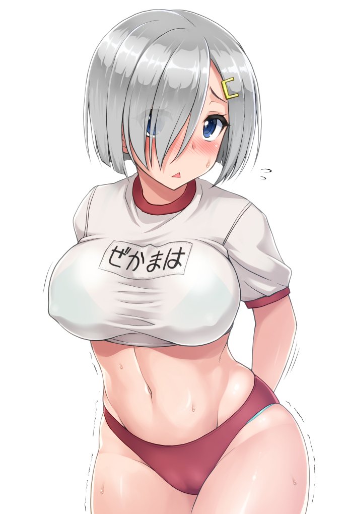 aqua_panties arms_behind_back blue_eyes blush bra breasts buruma commentary covered_nipples cowboy_shot eyes_visible_through_hair flying_sweatdrops grey_hair groin gym_uniform hair_ornament hair_over_one_eye hairclip hamakaze_(kantai_collection) hormone_koijirou kantai_collection large_breasts leaning_forward looking_at_viewer motion_lines name_tag navel nose_blush panties panty_peek see-through shirt short_hair short_sleeves simple_background solo sweat sweatdrop taut_clothes taut_shirt trembling triangle_mouth underwear white_background white_shirt