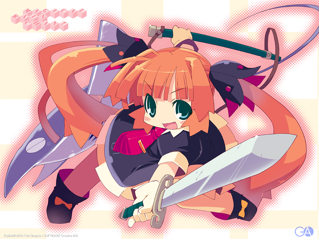 aqua_eyes artist_name black_footwear blush blush_stickers bow copyright dress eyebrows_visible_through_hair fang gagraphic gloves holding holding_sheath holding_sword holding_weapon logo long_hair magical_rain_chan manta_ray necktie open_mouth puffy_sleeves red_hair scared sheath shoe_bow shoes short_sleeves solo sword twintails very_long_hair wallpaper weapon zankuro
