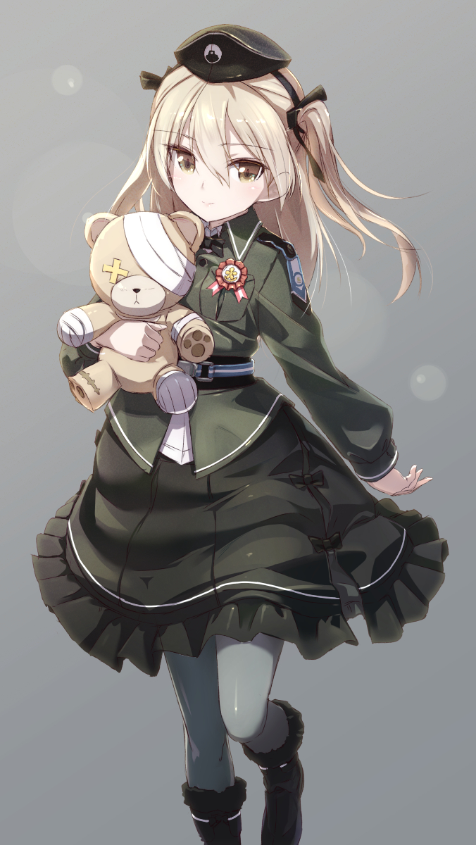alternate_costume bandages belt beret blonde_hair boko_(girls_und_panzer) boots bow bowtie dress emblem epaulettes eyebrows eyebrows_visible_through_hair frilled_dress frills fur-trimmed_boots fur_trim girls_und_panzer gradient gradient_background grey_background grey_legwear hairband hat highres holding holding_stuffed_animal japanese_tankery_league_(emblem) long_hair long_sleeves looking_at_viewer medal military military_uniform pemu shimada_arisu side_ponytail solo standing stuffed_animal stuffed_toy teddy_bear uniform yellow_eyes