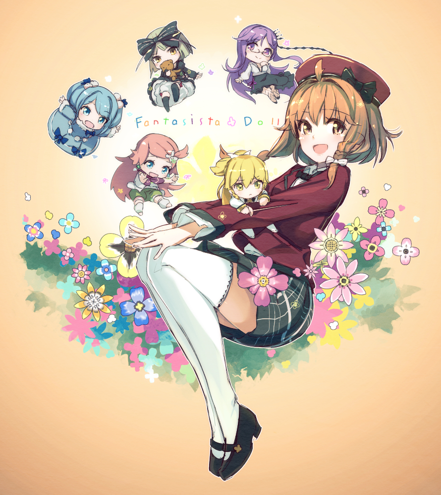 akari_(fantasista_doll) beret black_legwear blazer blonde_hair bloomers blue_eyes blue_hair bow brown_eyes chibi copyright_name dress eyebrows eyebrows_visible_through_hair fantasista_doll fishnet_pantyhose fishnets flower fur_trim glasses gradient gradient_background grey_hair hair_bow hair_flower hair_ornament hairclip hands_on_own_knees hat jacket katia_(fantasista_doll) legs_up long_hair looking_at_viewer madeleine_(fantasista_doll) mary_janes multiple_girls open_mouth orange_background orange_hair pantyhose pemu pink_hair ponytail purple_eyes purple_hair rapier sasara_(fantasista_doll) shimeji_(fantasista_doll) shoes short_hair shorts skirt stuffed_animal stuffed_toy sword teddy_bear thighhighs twintails underwear uno_uzume weapon white_legwear yellow_eyes zettai_ryouiki