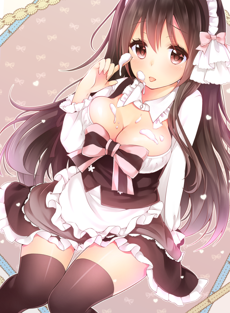 apron black_legwear breasts brown_eyes brown_hair cleavage cream cream_on_face dress food food_on_body food_on_face large_breasts long_hair maid mintsu_(ichi--kun) original solo thighhighs tongue tongue_out