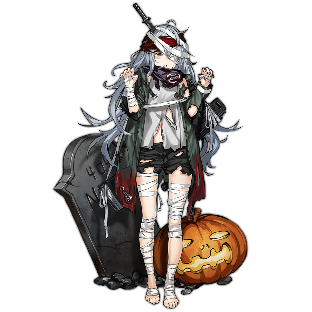 assault_rifle bags_under_eyes bandages blood blush_stickers full_body g11 g11_(girls_frontline) girls_frontline gun infukun jacket knife looking_at_viewer official_art outstretched_arms pumpkin rifle shorts solo tombstone torn_clothes transparent_background weapon zombie_pose
